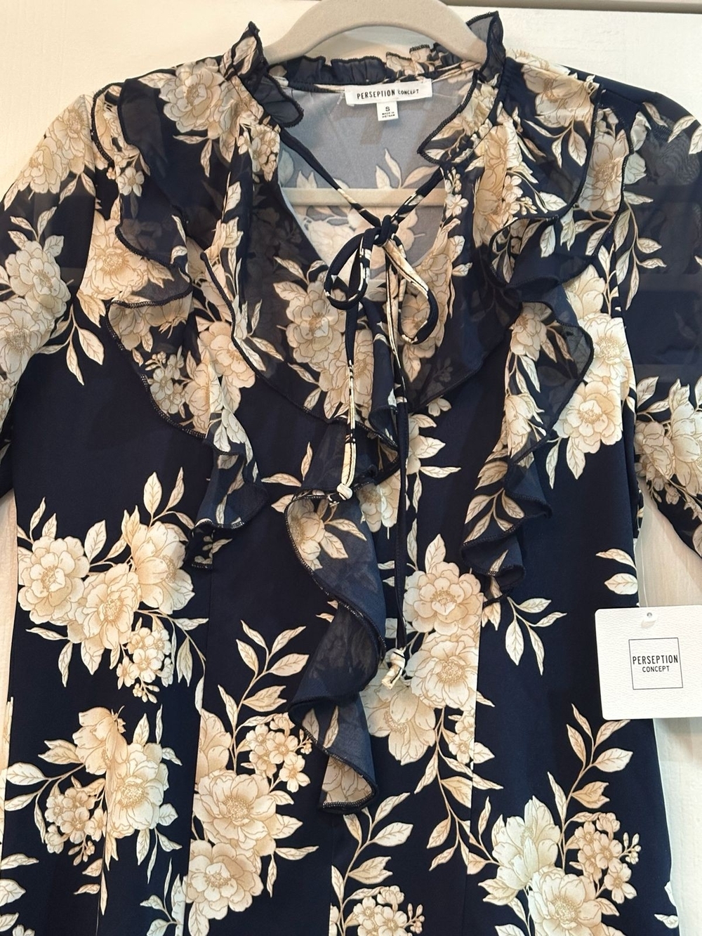 Perseption Concept Navy Floral Ruffle Tie-Neck Blouse